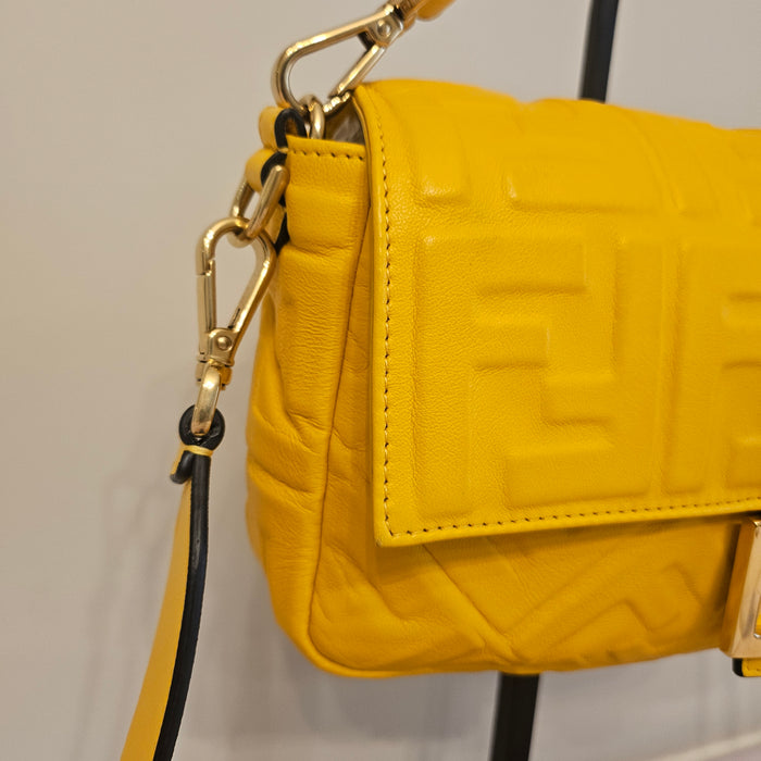 Fendi Yellow Embossed FF Baguette Leather Shoulder & Crossbody Bag | COA Included