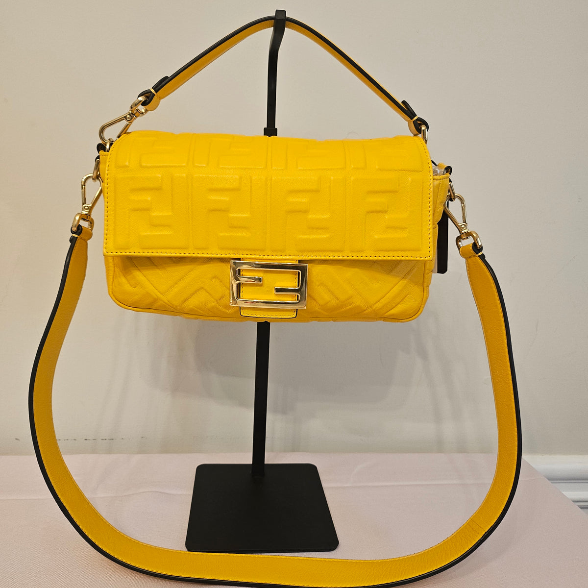 Fendi Yellow Embossed FF Baguette Leather Shoulder & Crossbody Bag | COA Included