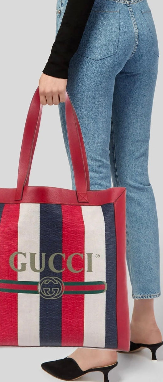 Gucci Logo Stripe Canvas Tote Bag